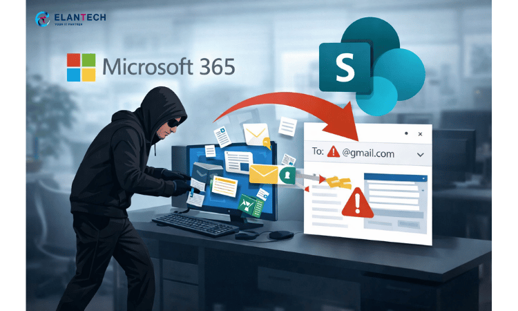 Image showing data theft risk in Microsoft 365, where SharePoint files are sent to an external email due to lack of governance and automation.