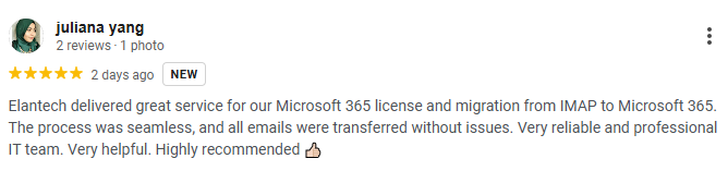 Customer review for Microsoft 365 migration from imap to Microsoft Exchange by ELANTECH Malaysia